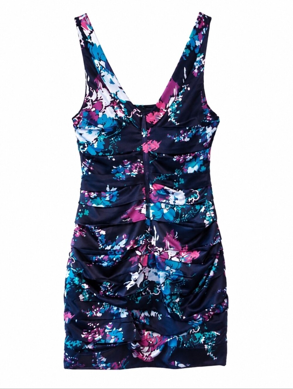 Express Ruched Satin Floral Mini Cocktail Dress Size 2 Sleeveless Bodycon - Picture 3 of 7